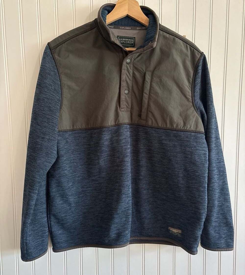 G.H. BASS & Co Men's 1/4 snap Sweater Pullover Jacket Blue Sz Medium Mixed Media